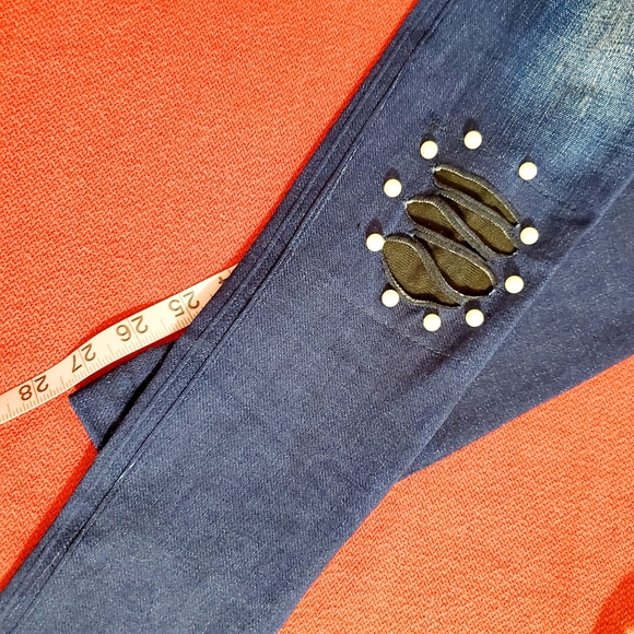 Distressed faux 'jeggings' faux pearl accents black and blue XS SMALL - Picture 4 of 7